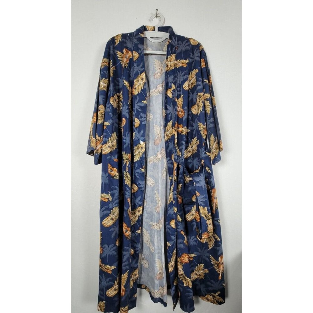 Vintage Kilohana Clothing Co. Hawaiian Kimono Robe Navy Palm & Ukulele Print M/L